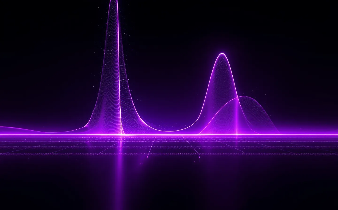 Two glowing UV emission lines rising from a spectrometer axis with a luminous peptide chain between them, on violet-black